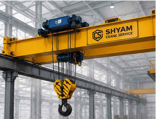 Yellow EOT crane with hoist inside an industrial facility